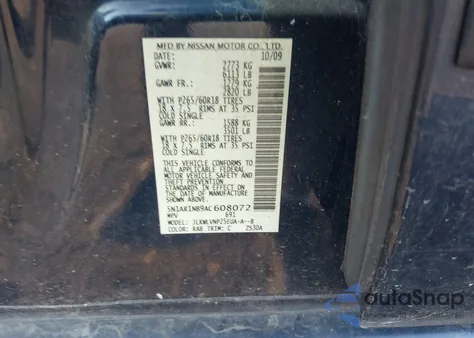 2010 Nissan Pathfinder Le z USA, uszkodzony, nr VIN 5N1AR1NB9AC608072